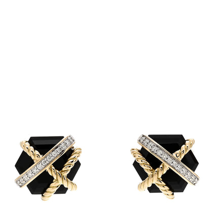 David Yurman 18K Yellow Gold Diamond Onyx 10mm Cable Wrap Earrings 1 of 4