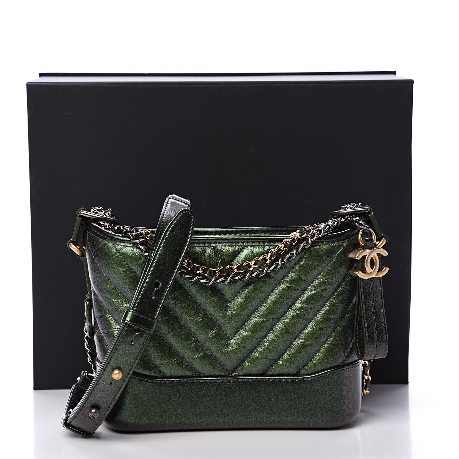 Chanel Metallic Calfskin Chevron Quilted Small Gabrielle Hobo Green 10 of 10