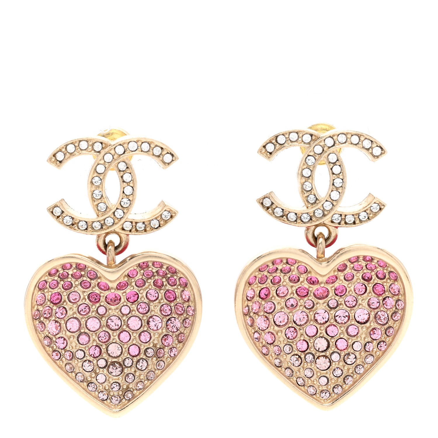 Chanel Crystal CC Resin Heart Drop Earrings Pink Gold 1 of 5
