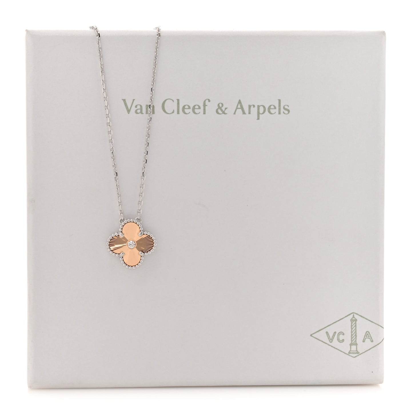 18K White Rose Gold Diamond Guilloche Vintage Alhambra Pendant Necklace