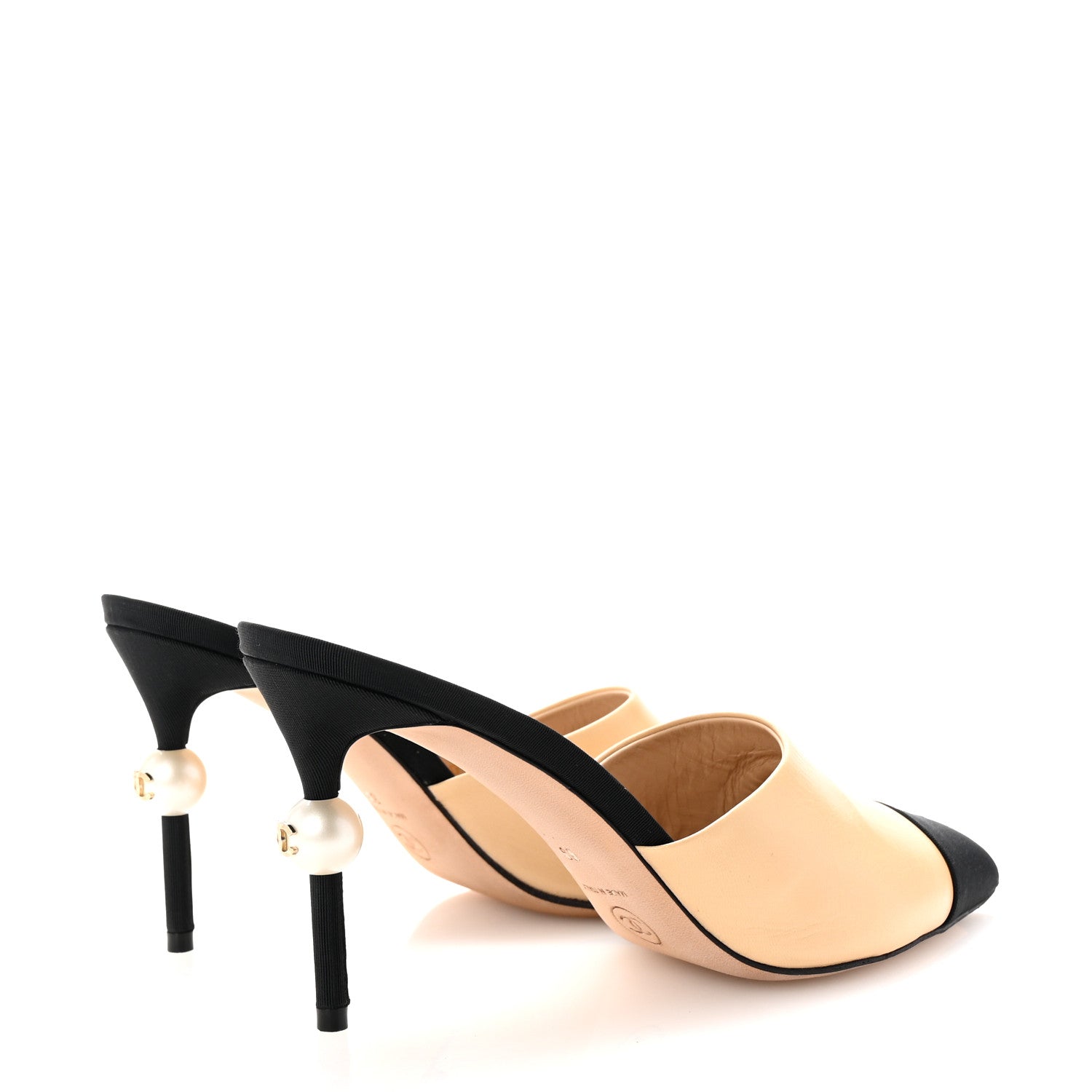 Chanel Goatskin Grosgrain Cap Toe Pearl Mule 39 Beige Black 5 of 10