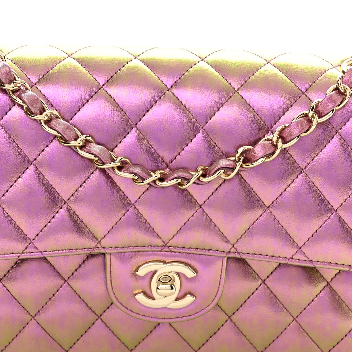 Iridescent Lambskin Quilted Medium Double Flap Purple