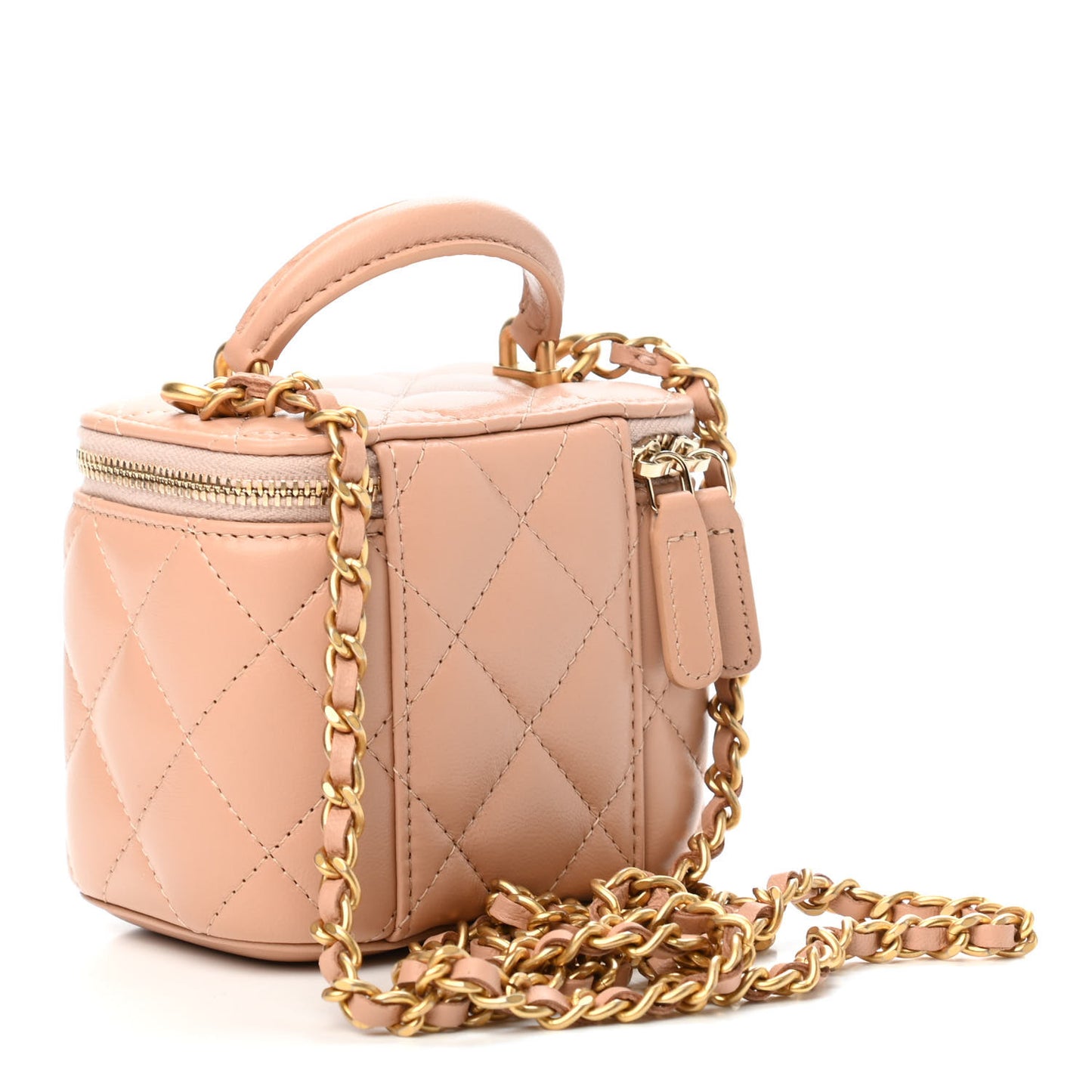 Lambskin Quilted Top Handle Mini Vanity Case With Chain Beige