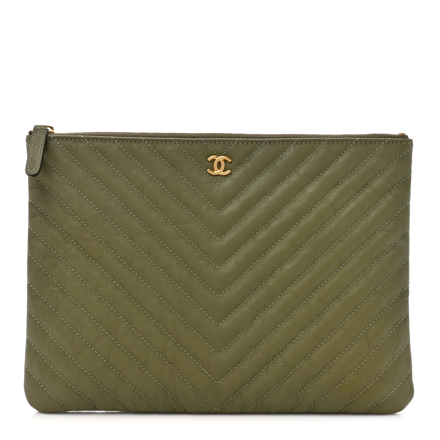 Chanel Calfskin Chevron Quilted Medium Cosmetic Case Khaki 1 of 8