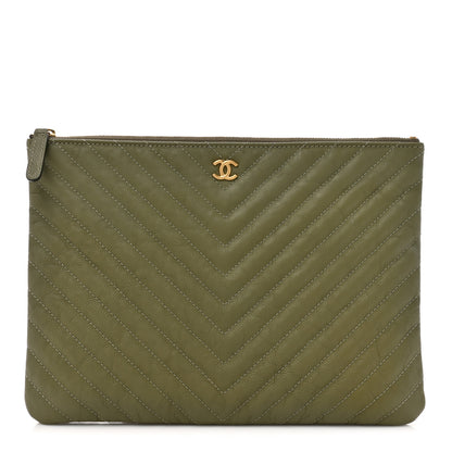 Chanel Calfskin Chevron Quilted Medium Cosmetic Case Khaki 1 of 8