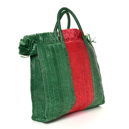 Gucci Raffia Linen Web Cestino Tote Bag Red Green 2 of 4
