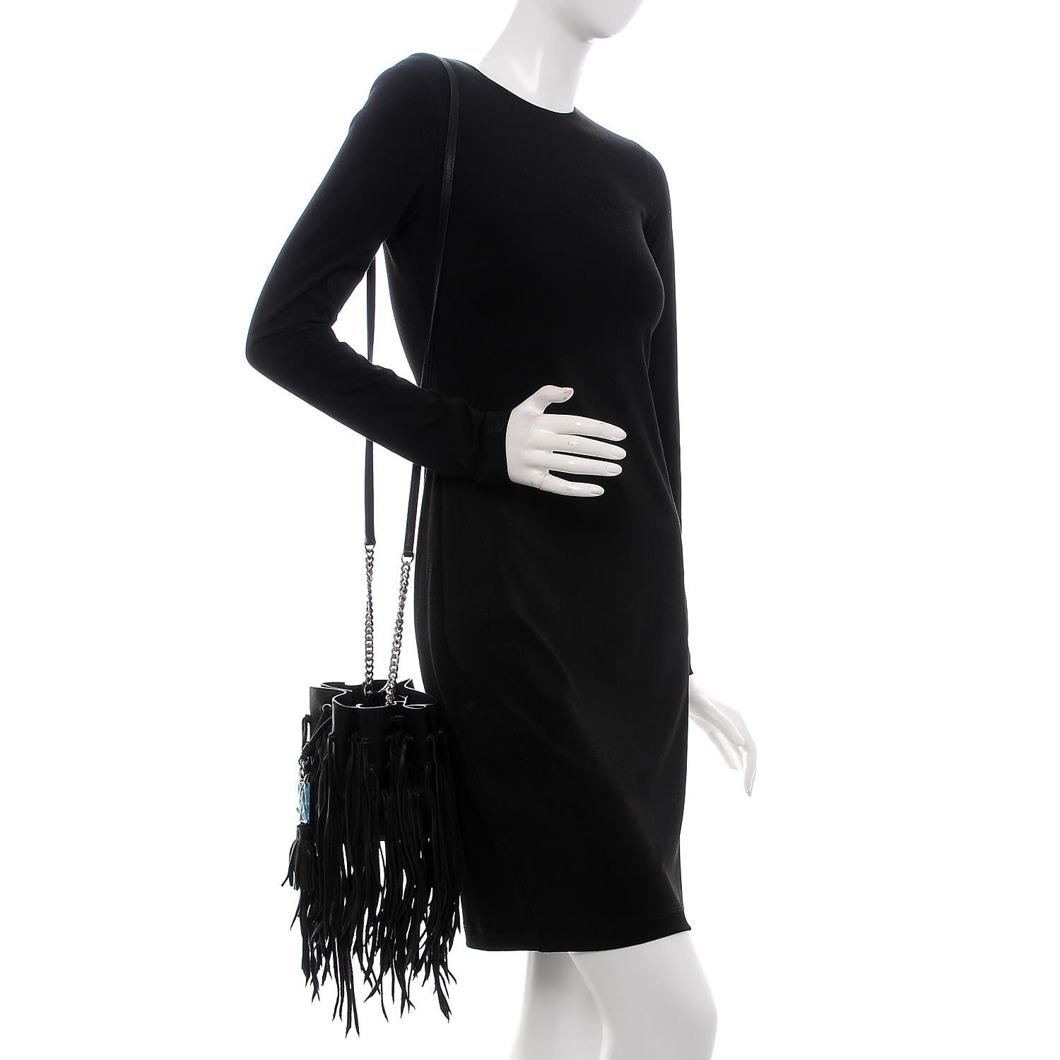 Saint Laurent Calfskin Small Monogram Fringe Bucket Bag Black 2 of 9