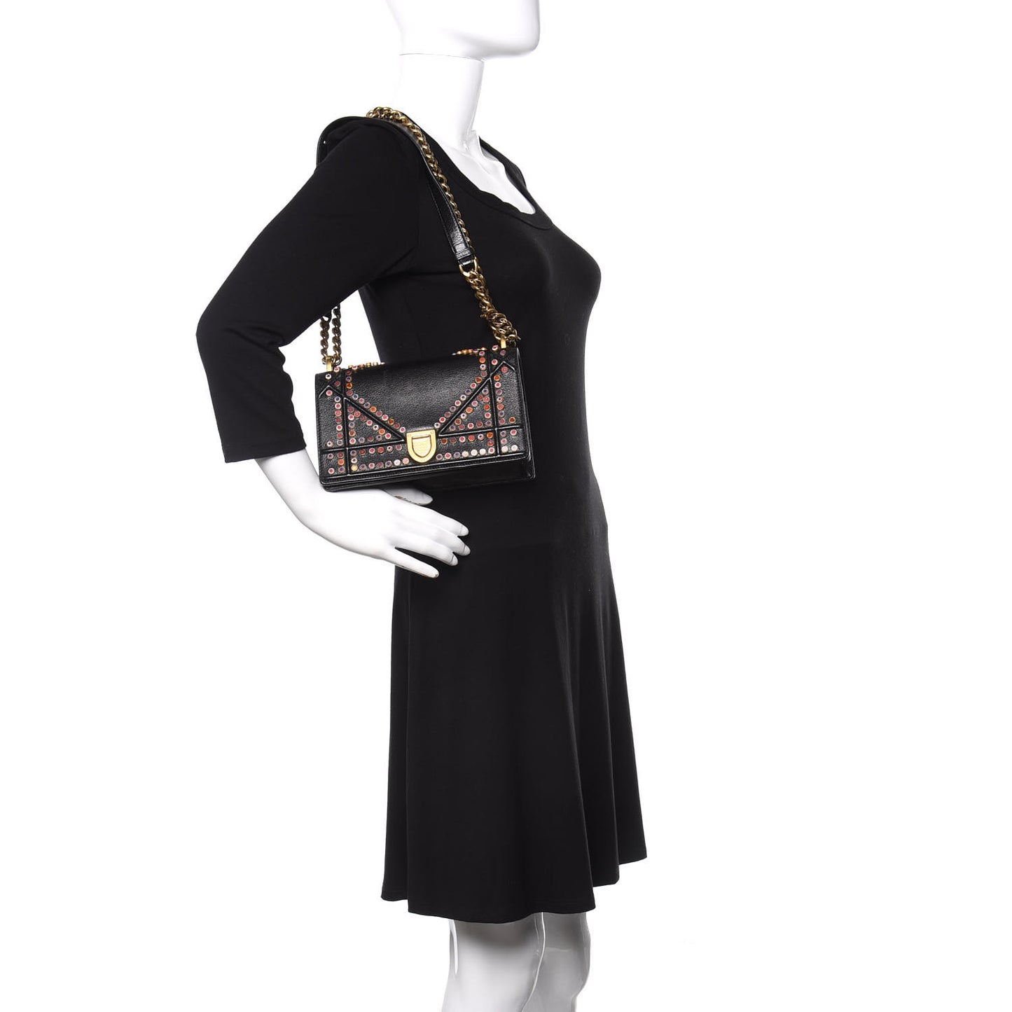 Calfskin Studded Small Diorama Flap Bag Black Multicolor