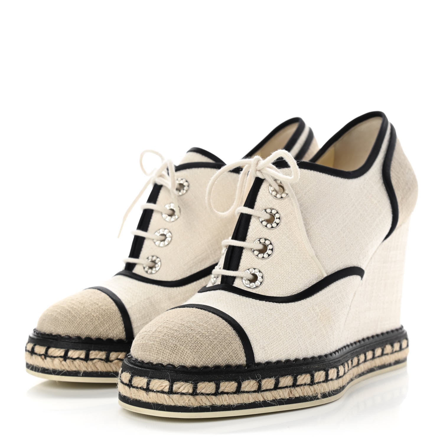Chanel Raffia Lace Up Wedge Espadrilles 37.5 Beige 3 of 14