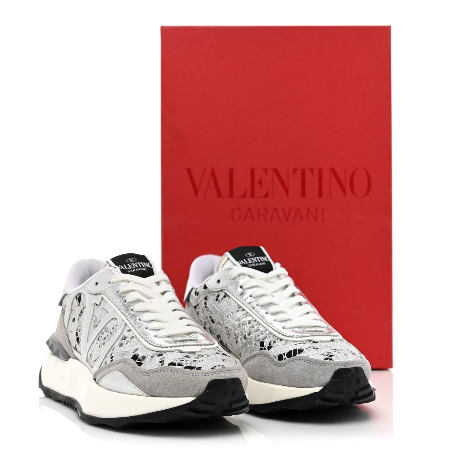 Metallic Calfskin Lace Mesh Lacerunner Sneaker 37.5 Silver Pastel Gray