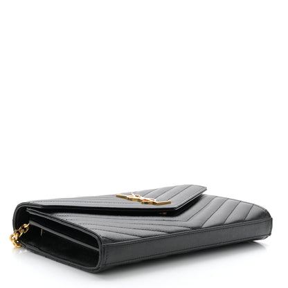 Saint Laurent Grain De Poudre Matelasse Chevron Monogram Chain Wallet Black 4 of 10
