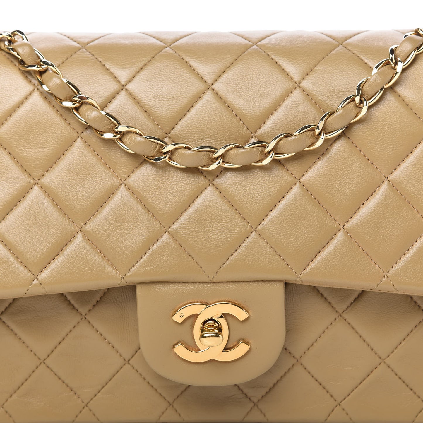 Lambskin Quilted Medium Double Flap Beige