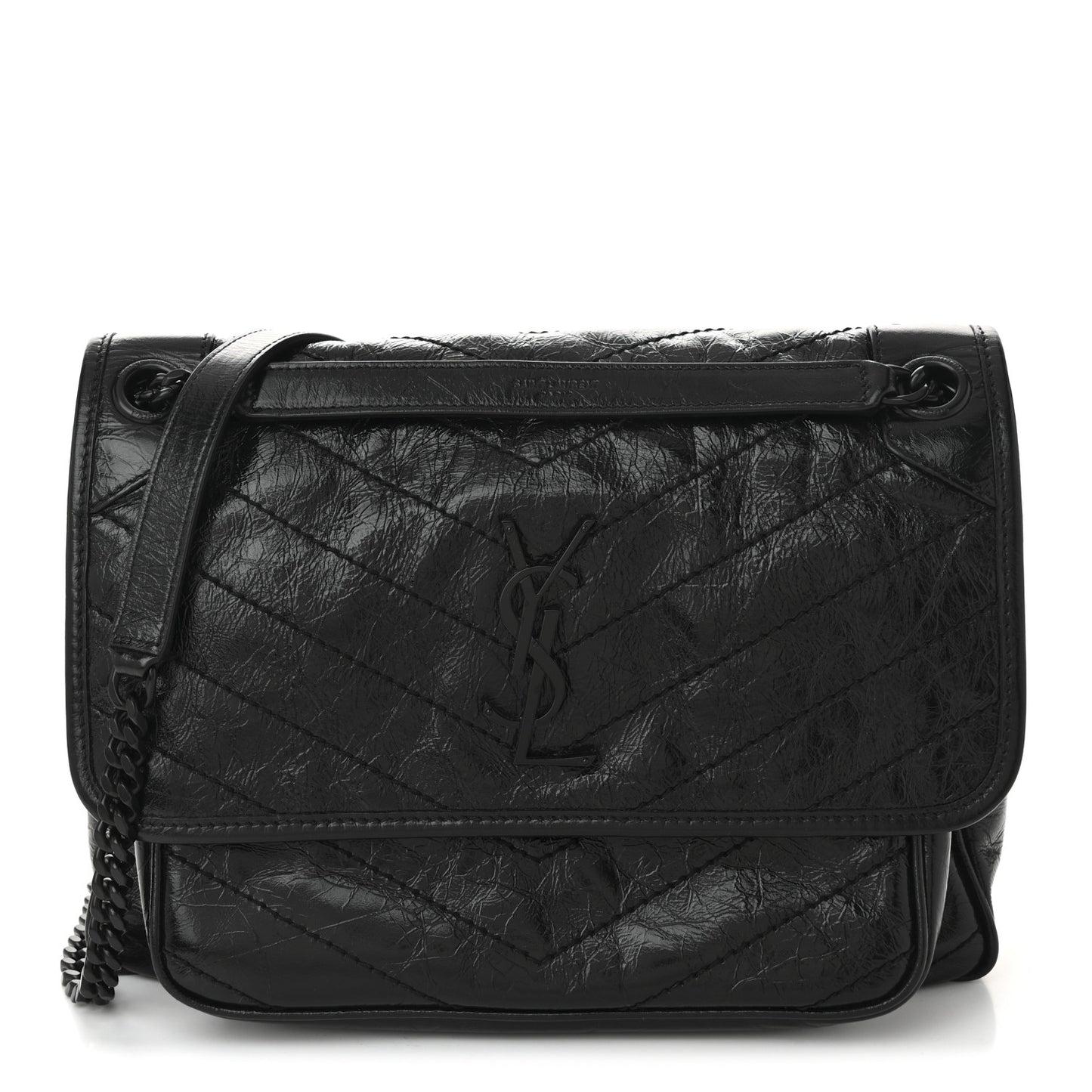Crinkled Calfskin Matelasse Monogram Medium Niki Chain Satchel Black