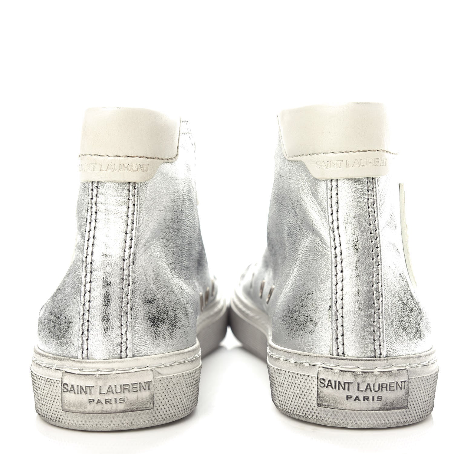 Saint Laurent Distressed Calfskin Bedford Logo-Appliqued Hightop Sneakers 36 Argento Cream White 7 of 11