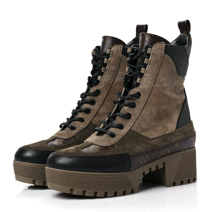 Louis Vuitton Suede Calfskin Monogram Laureate Platform Desert Boots 37.5 Taupe 3 of 7