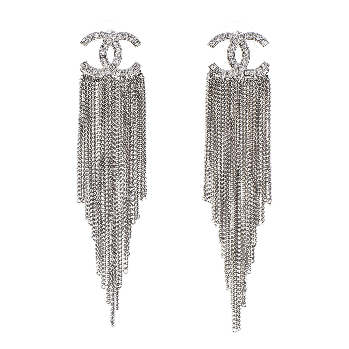 Baguette Crystal CC Chain Drop Earrings Silver