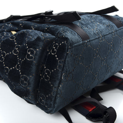 Gucci Velvet GG Monogram Web Medium Double Buckle Backpack Blue Beige Black 8 of 9