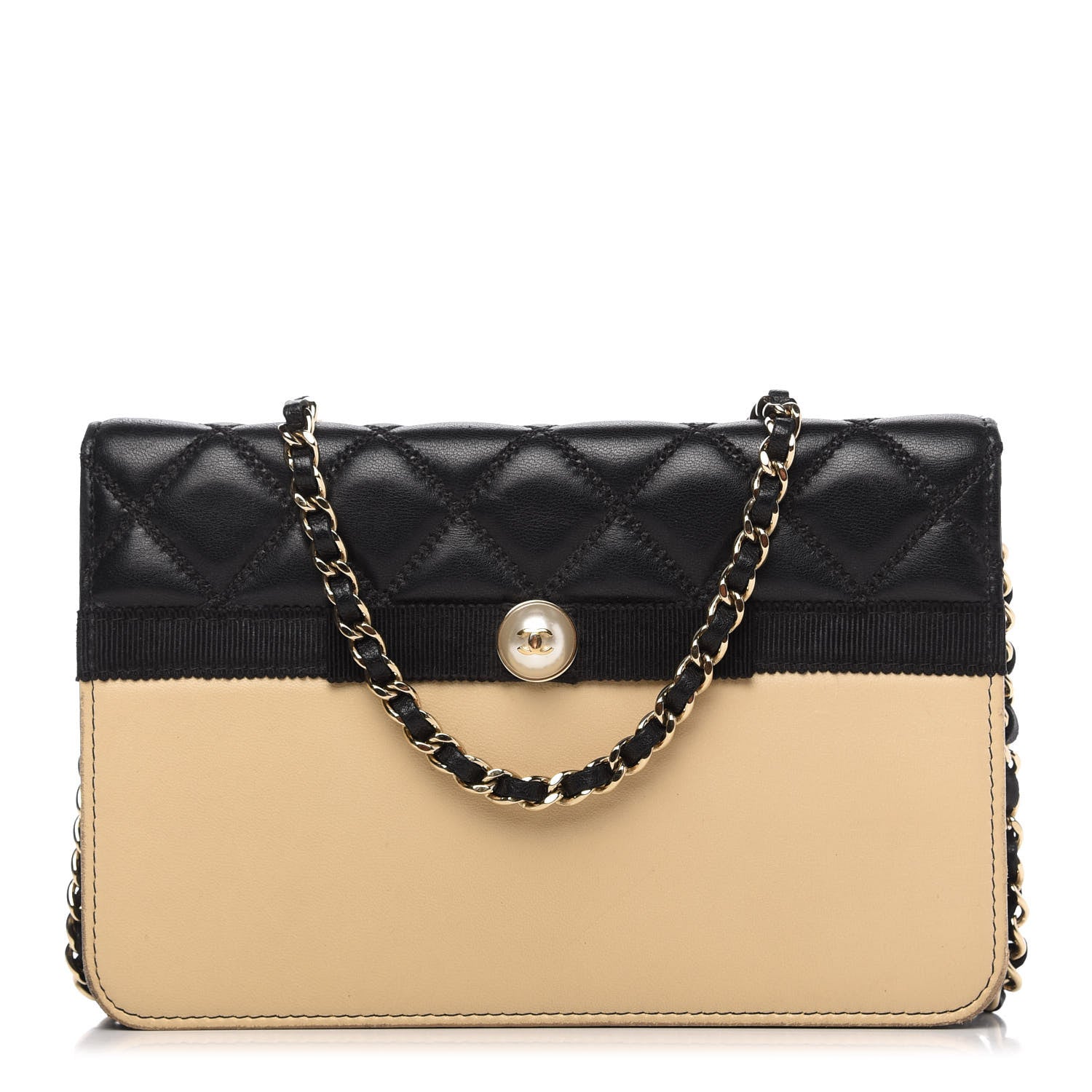 Chanel Lambskin Quilted Wallet On Chain WOC Beige Black 1 of 12