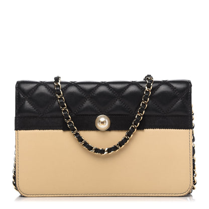 Chanel Lambskin Quilted Wallet On Chain WOC Beige Black 1 of 12