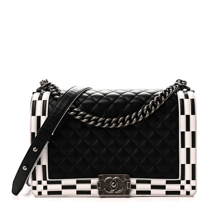 Chanel Calfskin Quilted Checkerboard Trim New Medium Boy Flap Black White 1 of 11