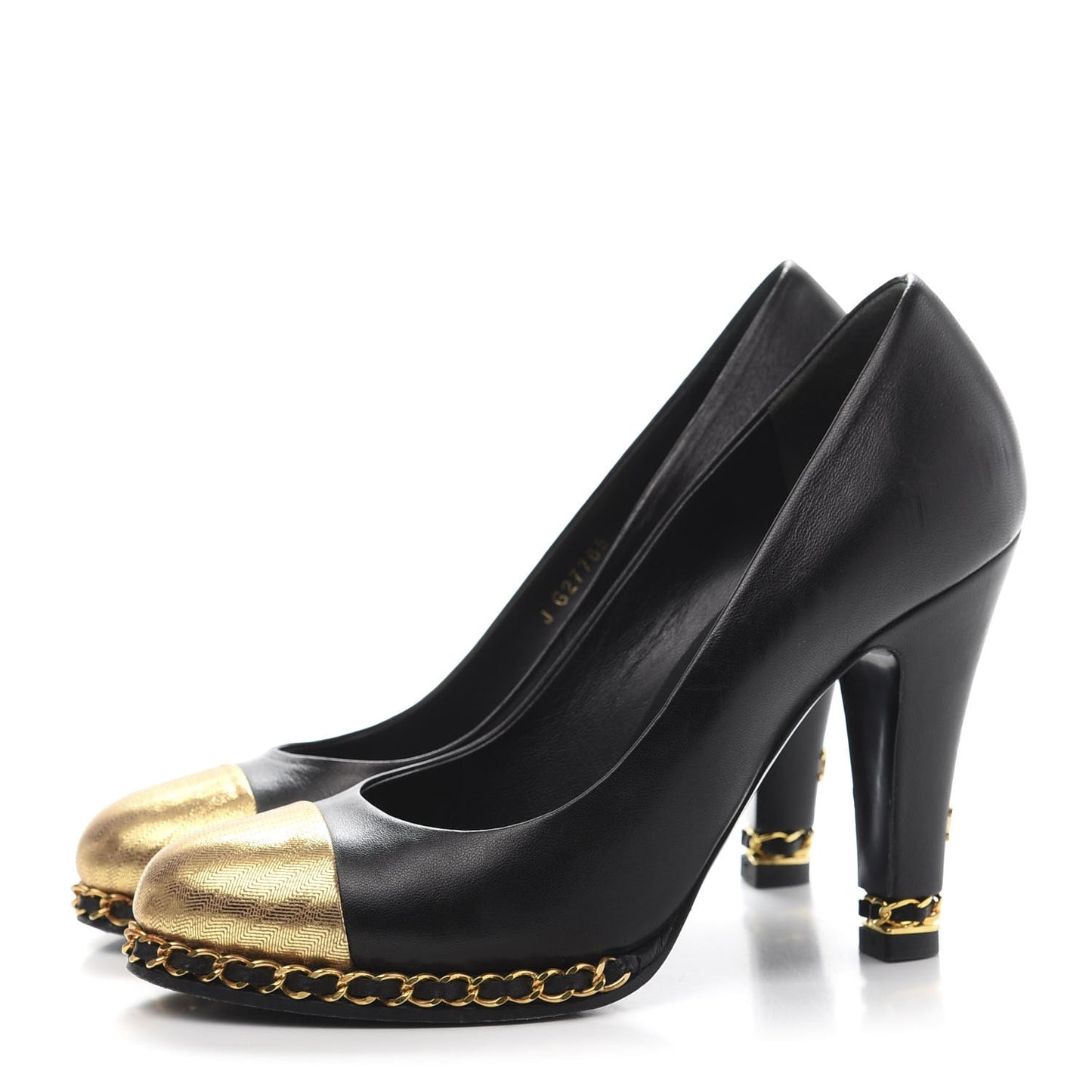 Lambskin Chain Around Cap Toe Pumps 37 Black Gold