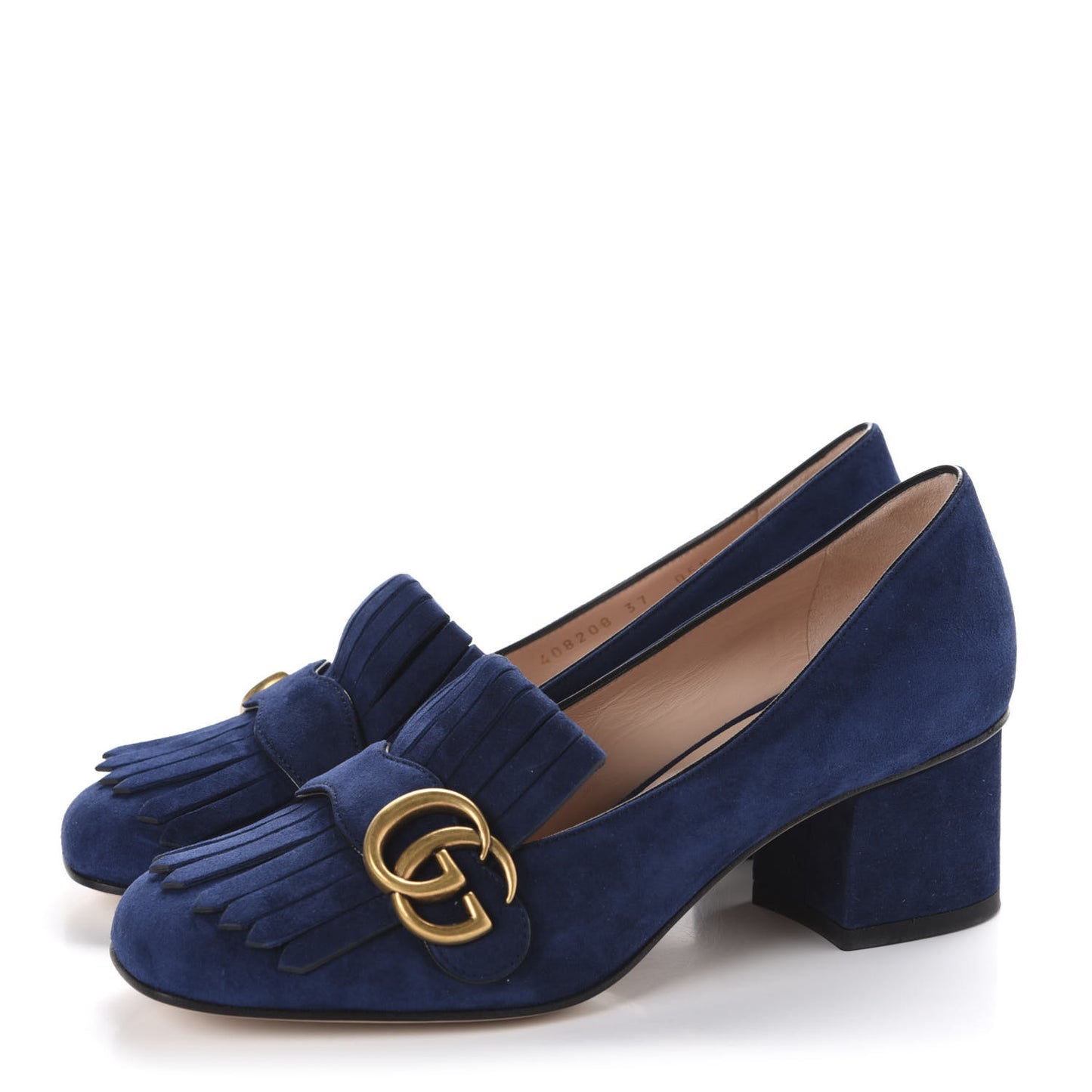 Kid Scamosciato GG Marmont Fringe 50mm Loafer Pumps 37 Blue Ink