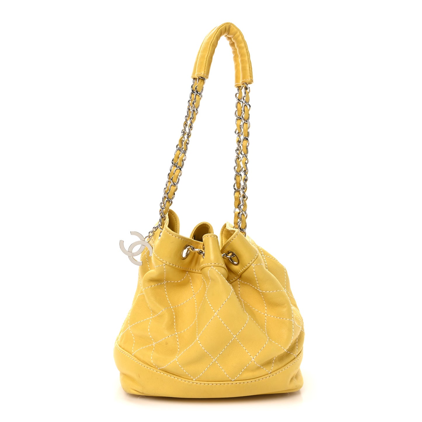 Calfskin Contrast Stitch Surpique Bucket Bag Yellow