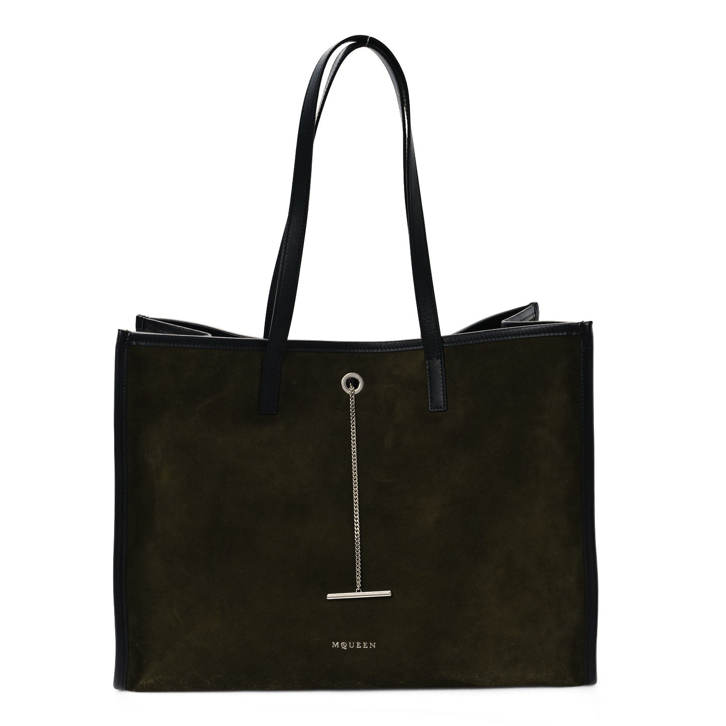 Suede T-Bar Chain Tote Military Black