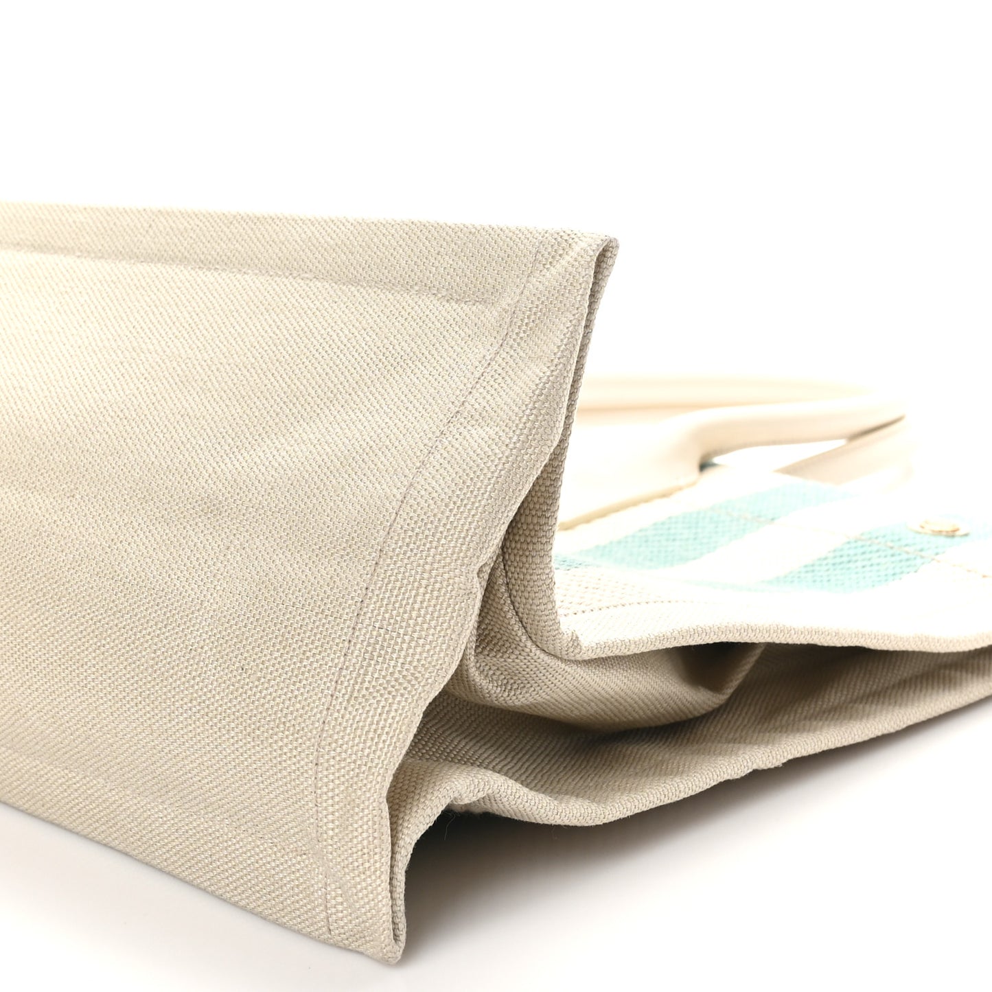 Cotton Linen Calfskin Striped Rive Gauche Tote Water Green