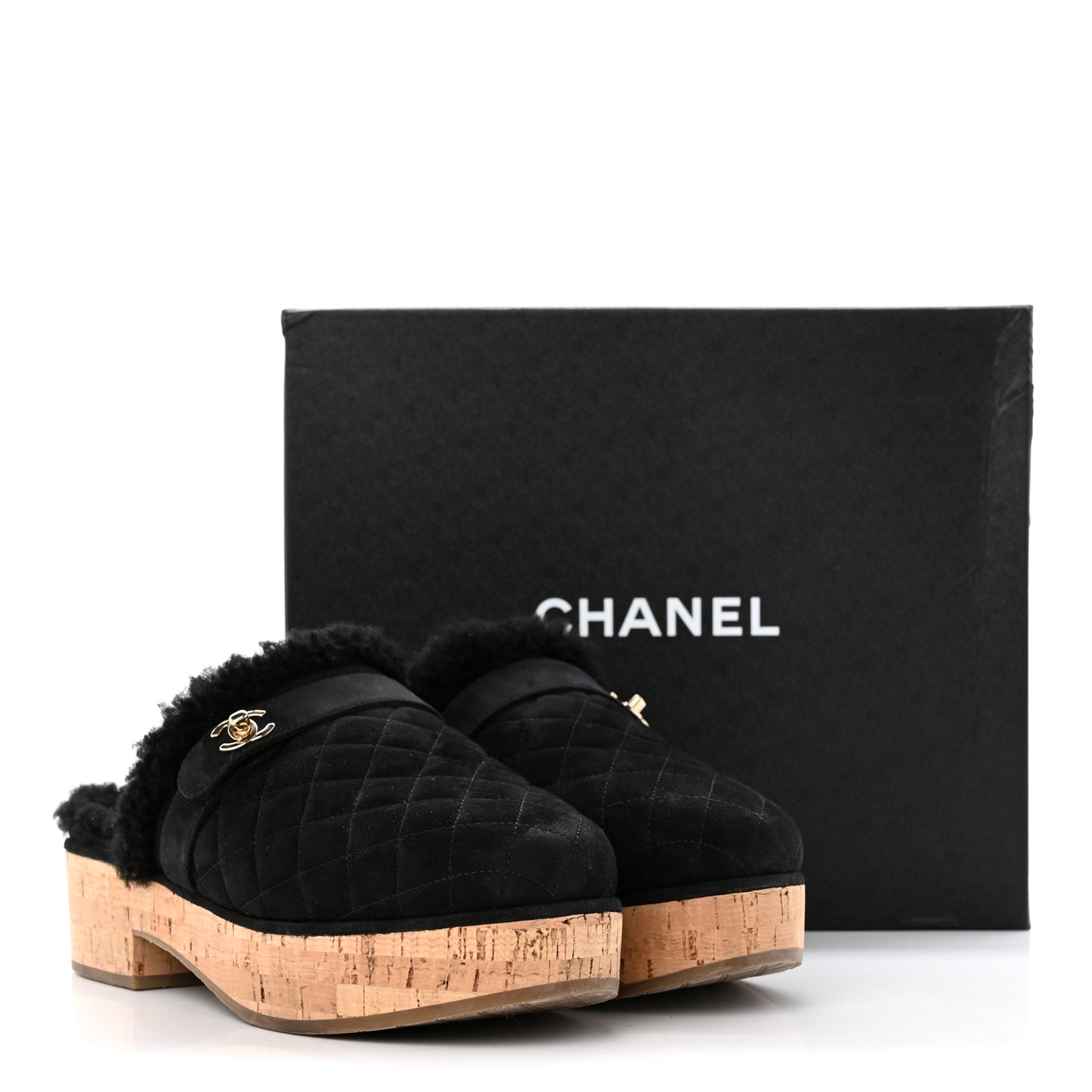 Suede Calfskin Shearling Turn Lock Clogs 41 Black