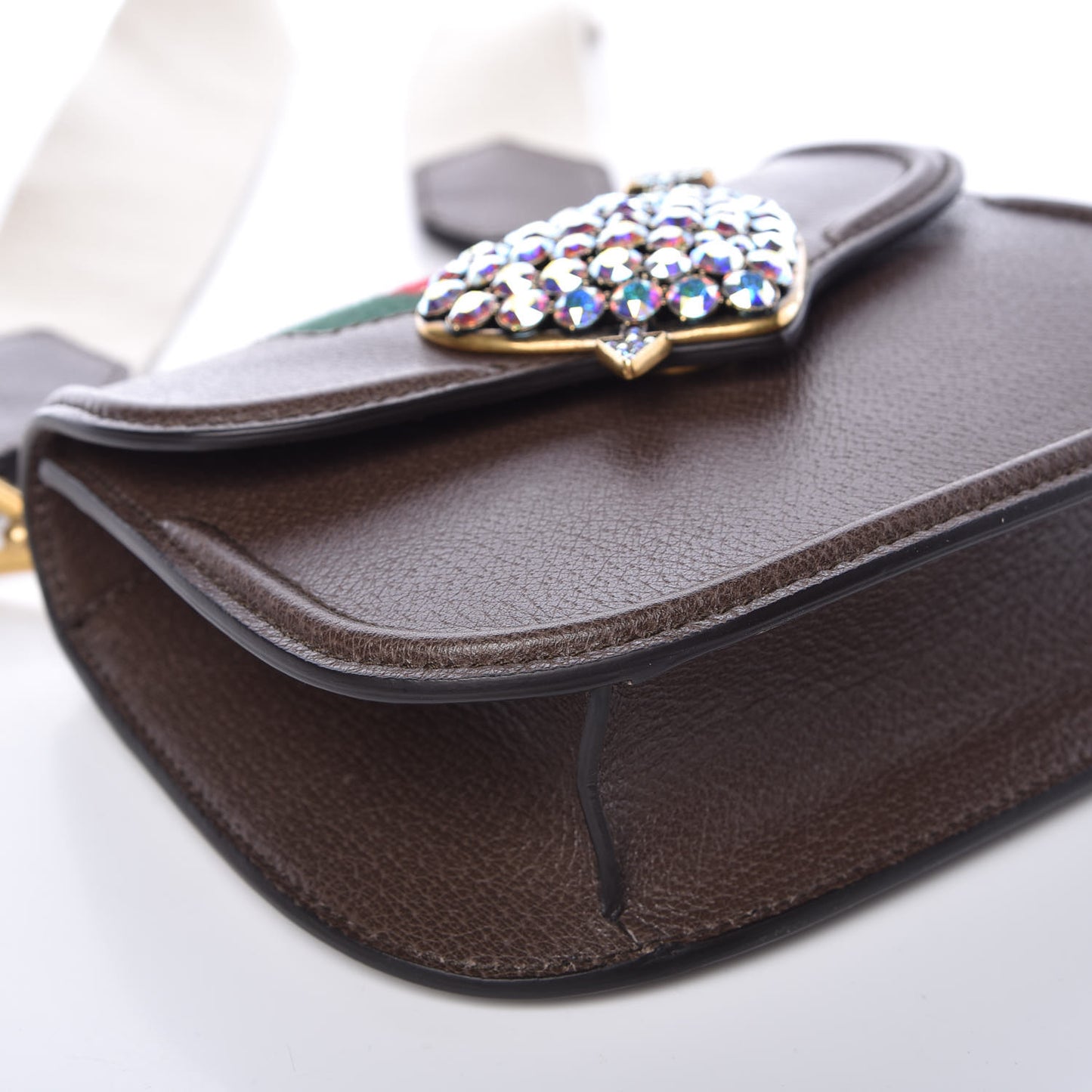 Textured Calfskin Web Crystal Heart Stripe Small Totem Shoulder Bag New Acero
