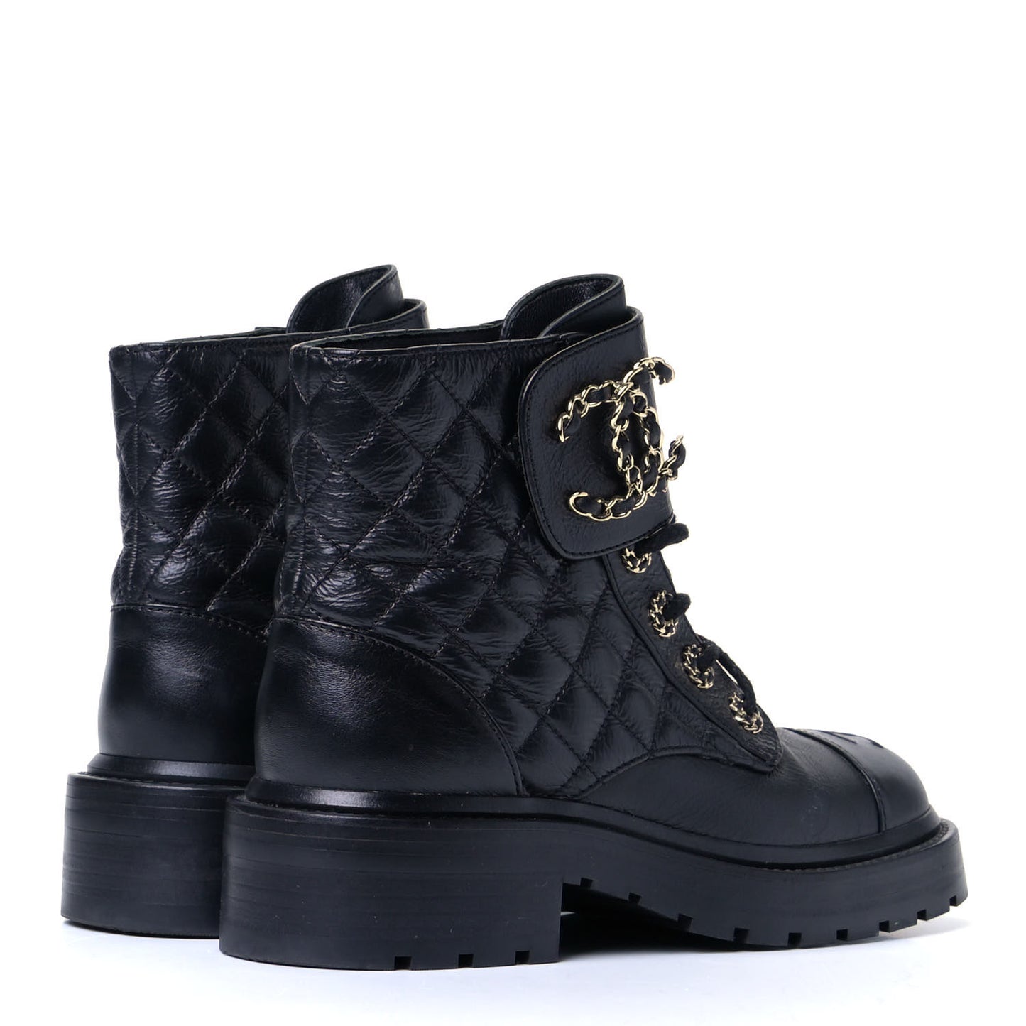 Shiny Goatskin Calfskin Quilted Lace Up Combat Boots 35 Black