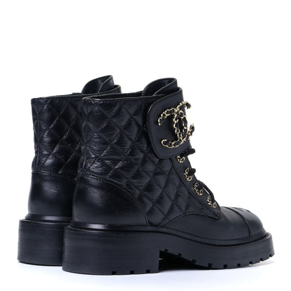 Chanel Shiny Goatskin Calfskin Quilted Lace Up Combat Boots 35 Black 2 of 5