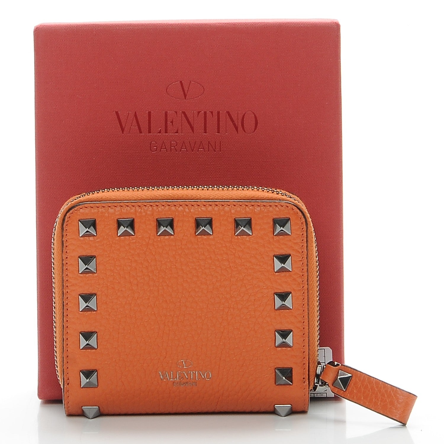 Valentino Garavani Pebbled Calfskin Rockstud Compact Zip Around Wallet Orange 9 of 9