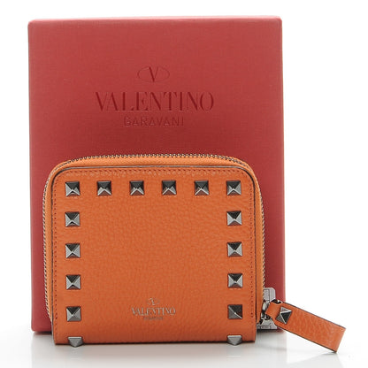 Valentino Garavani Pebbled Calfskin Rockstud Compact Zip Around Wallet Orange 9 of 9