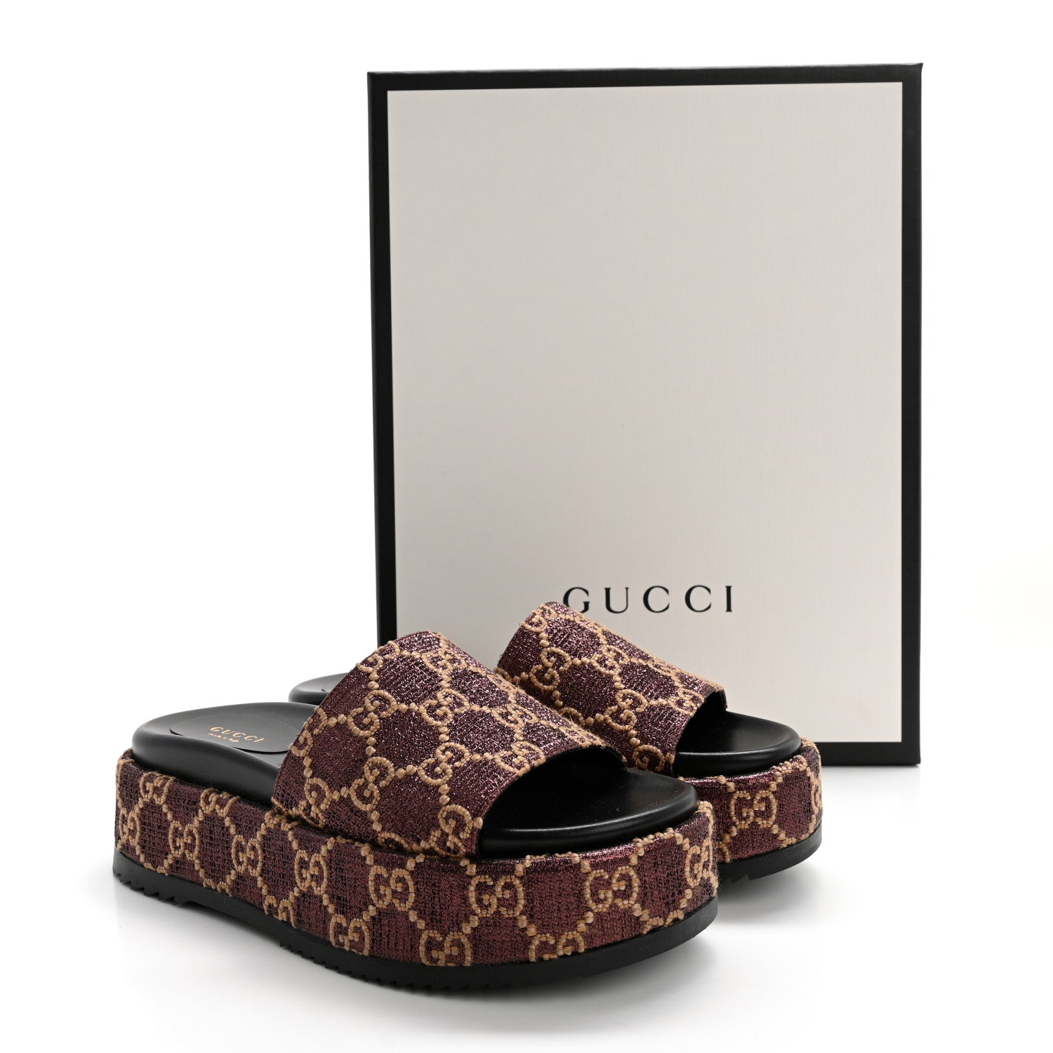 Gucci Lame GG Monogram Angelina Platform 55mm Slide Sandals 37.5 Brown Beige 11 of 11