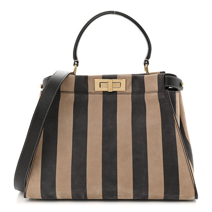 Fendi Vitello Nabuk Seta Pequin Medium Peekaboo Iconic Satchel Tobacco Moro Ebano 1 of 10