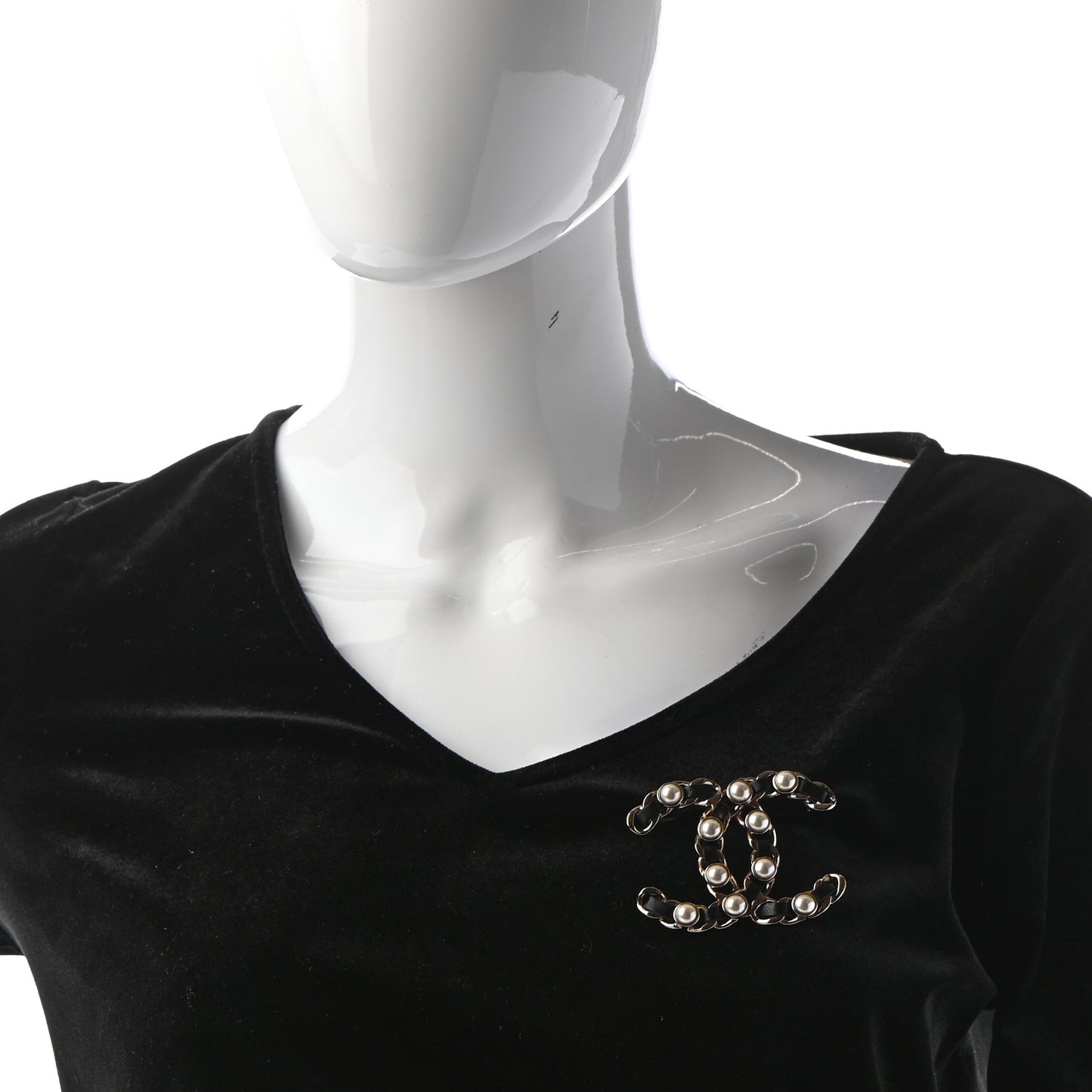 Lambskin Pearl CC Chain Brooch Black Gold