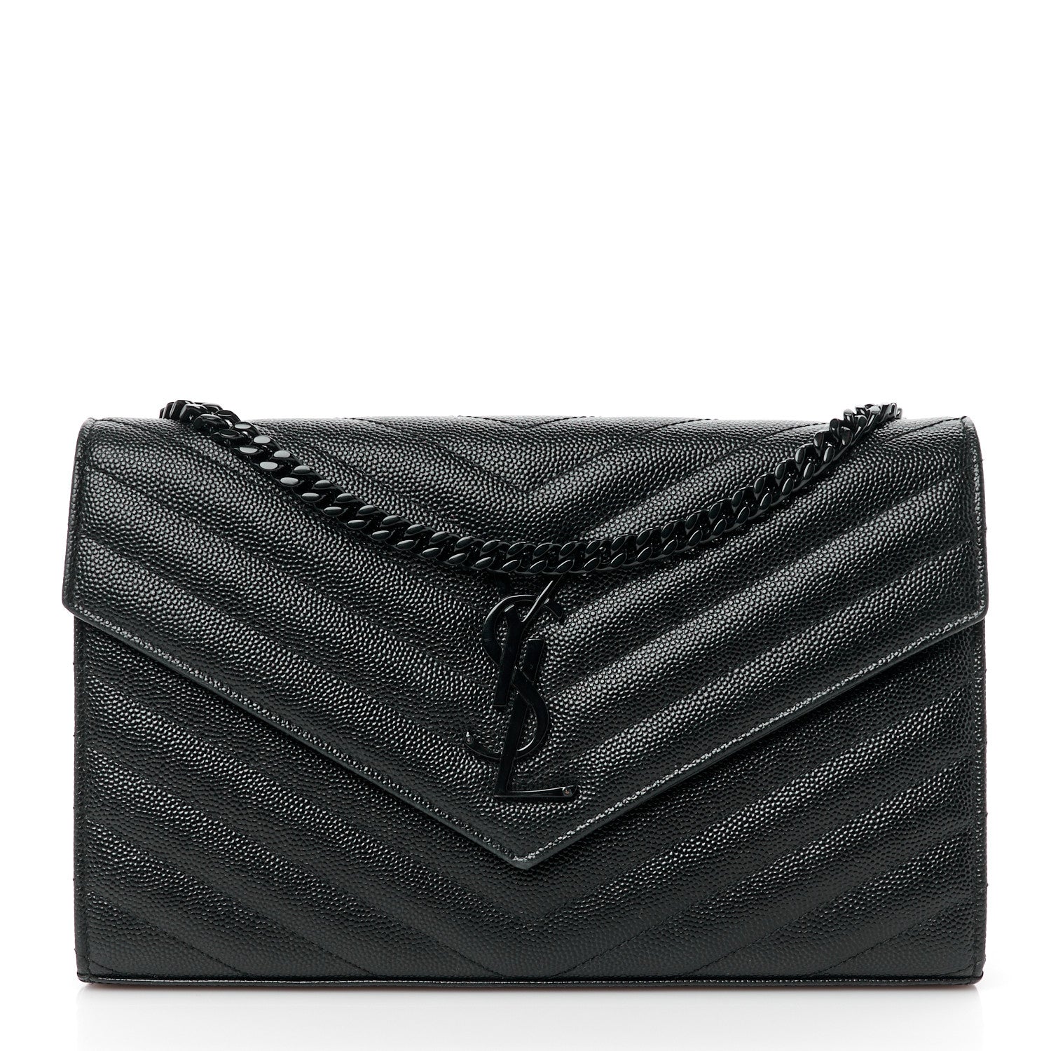 Saint Laurent Grain De Poudre Matelasse Chevron Monogram Monochrome Chain Wallet Black 1 of 11