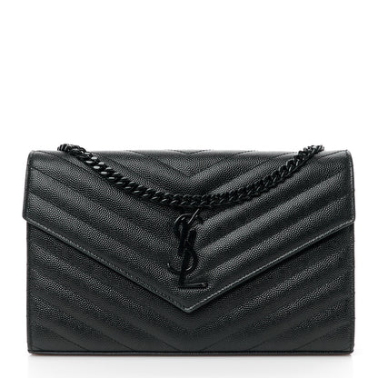 Saint Laurent Grain De Poudre Matelasse Chevron Monogram Monochrome Chain Wallet Black 1 of 11