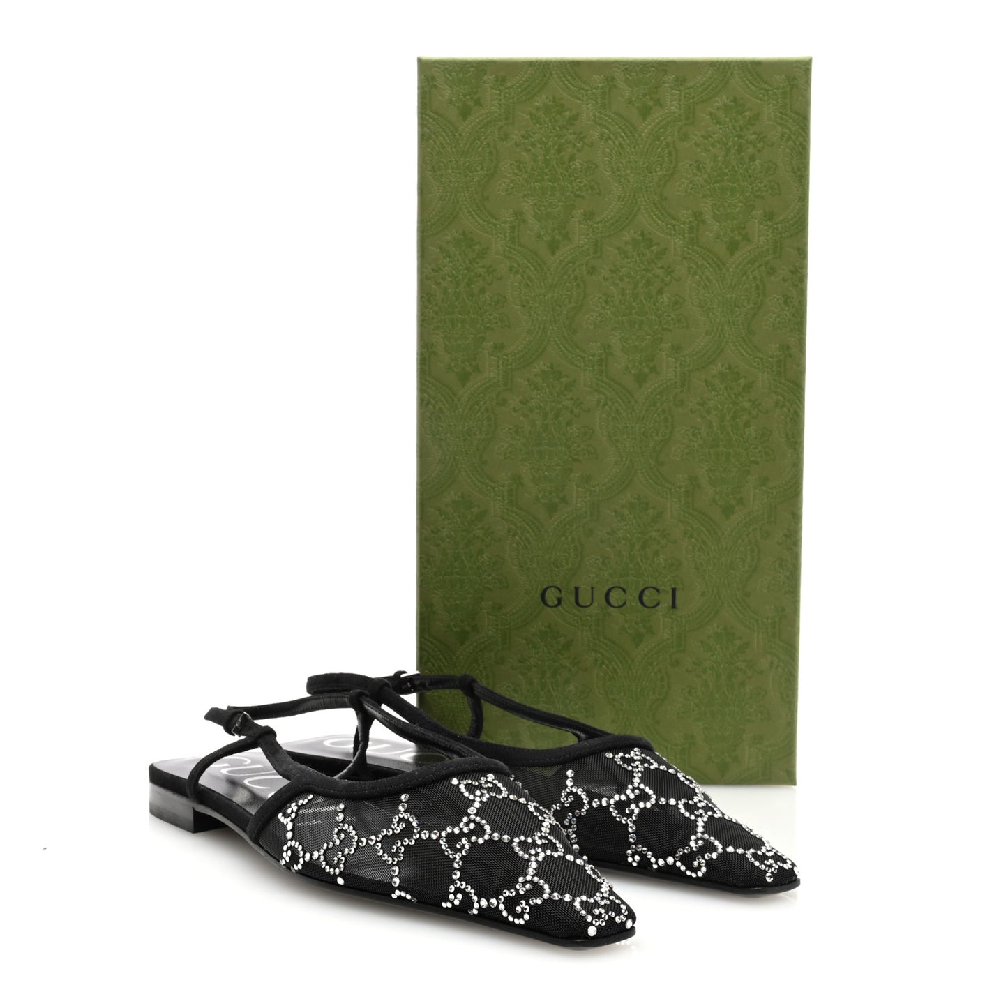 Suede Mesh Crystal GG Monogram Slingback Ballet Flats 37 Black