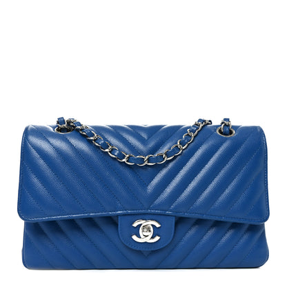 Chanel Caviar Chevron Quilted Medium Double Flap Blue 2 of 18