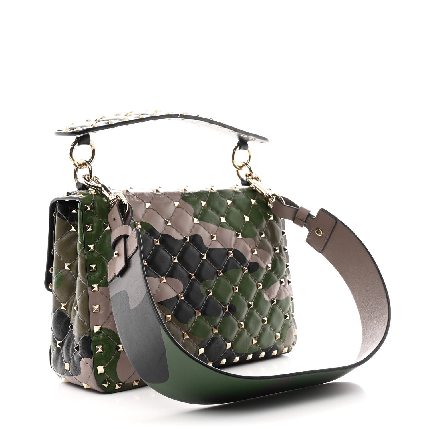 Valentino Garavani Nappa Camouflage Medium Rockstud Spike Shoulder Bag Verde Rouge 3 of 10