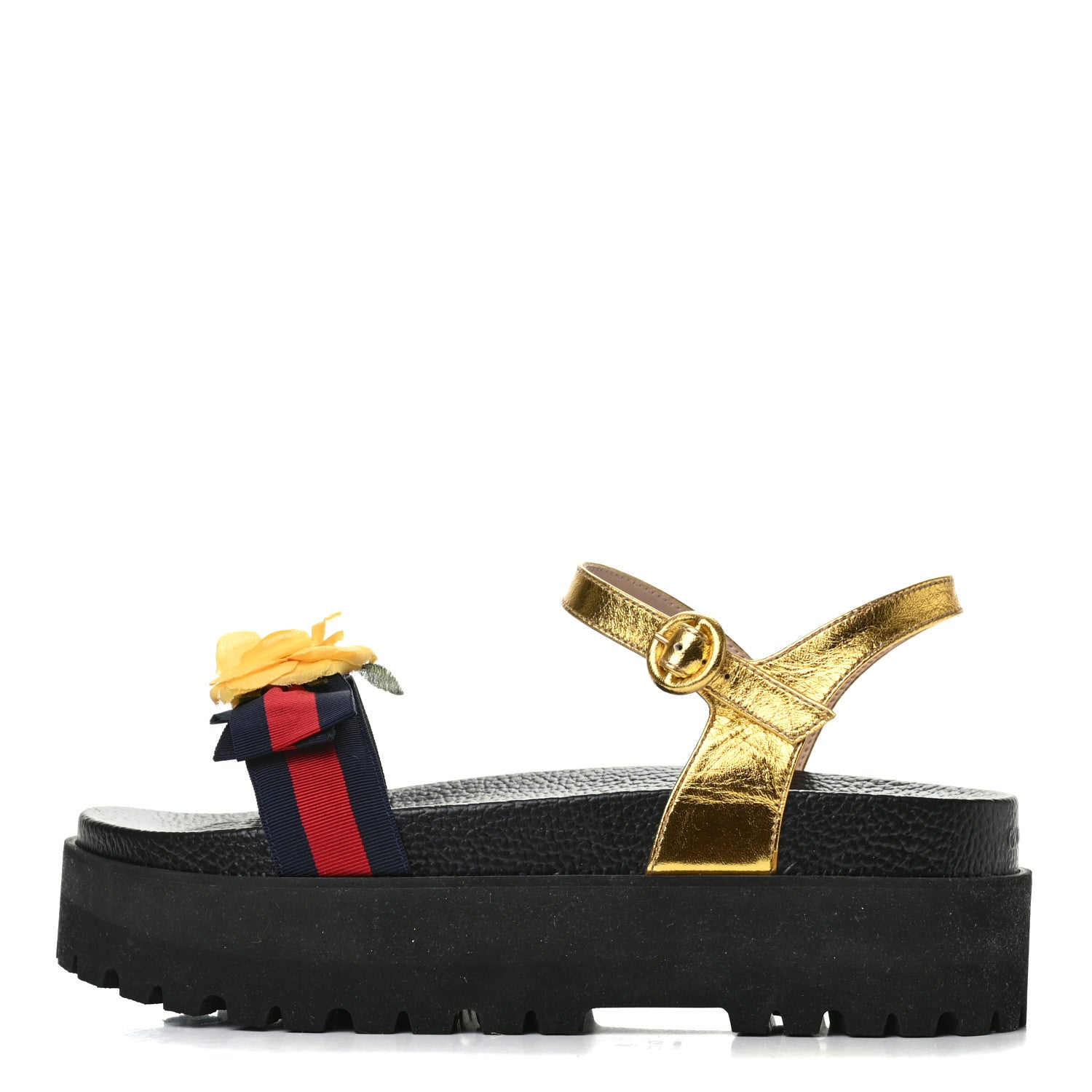 Gucci Metallic Calfskin Web Platform Lug Sole Sandals 40.5 Gold 1 of 8