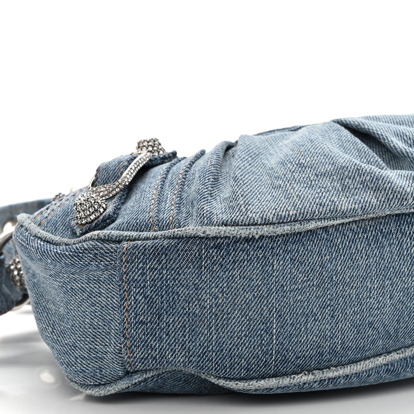 Washed Frayed Denim Crystal Le Cagole Shoulder Bag XS Blue