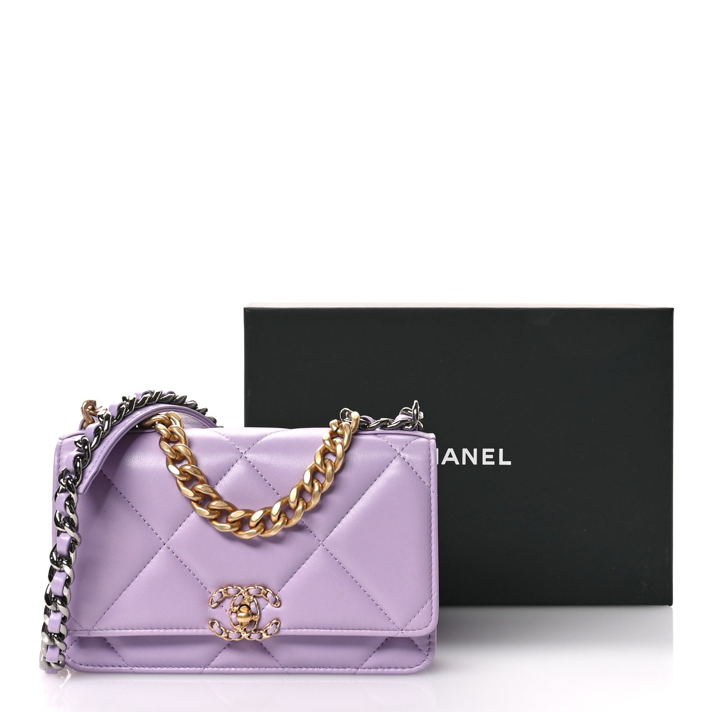 Lambskin Quilted Chanel 19 Wallet On Chain WOC Light Purple