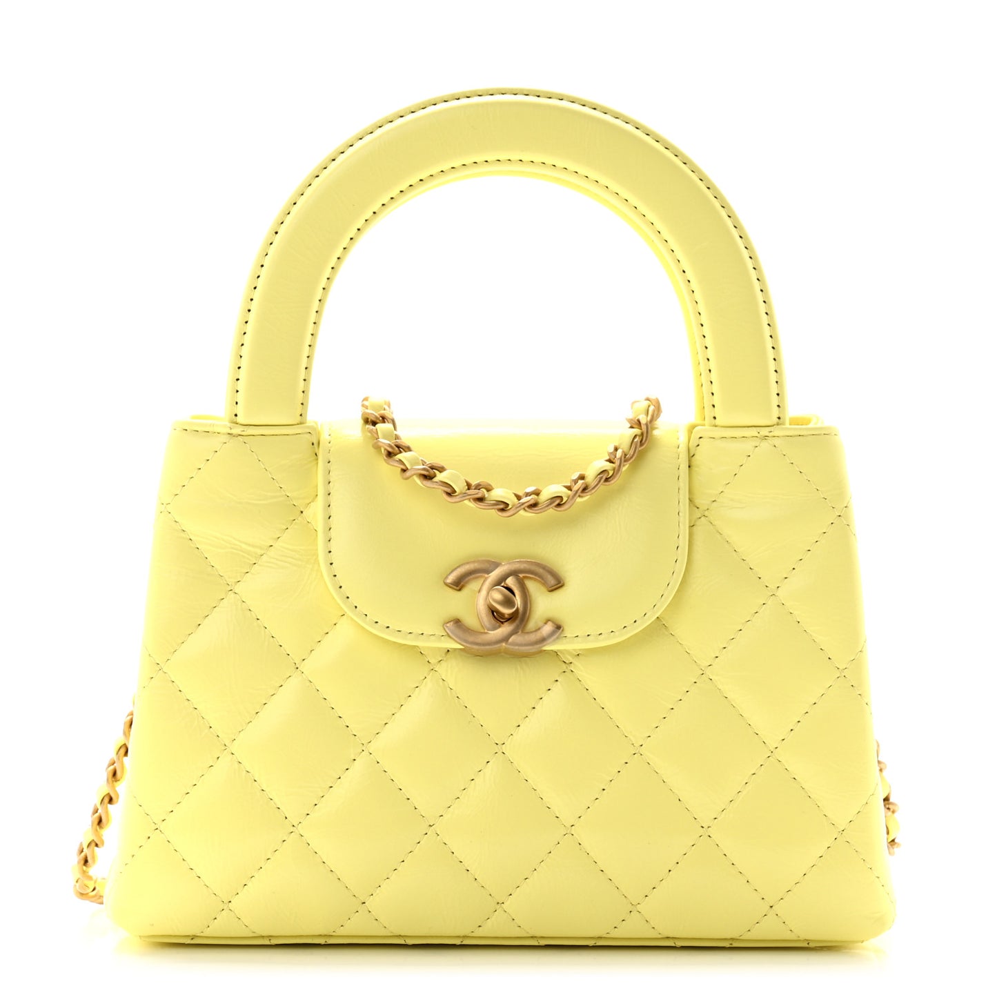 Shiny Aged Calfskin Quilted Nano Kelly Shopper Light Yellow