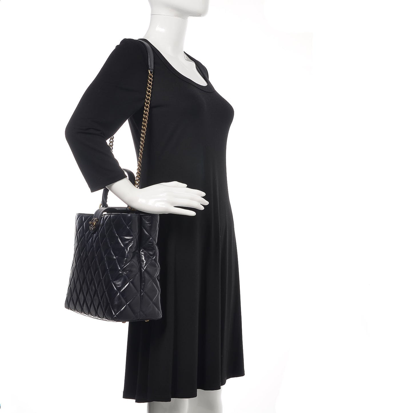Calfskin Quilted Large Gold Bar Top Handle Tote Dark Navy Blue