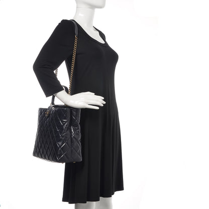 Chanel Calfskin Quilted Large Gold Bar Top Handle Tote Dark Navy Blue 2 of 11