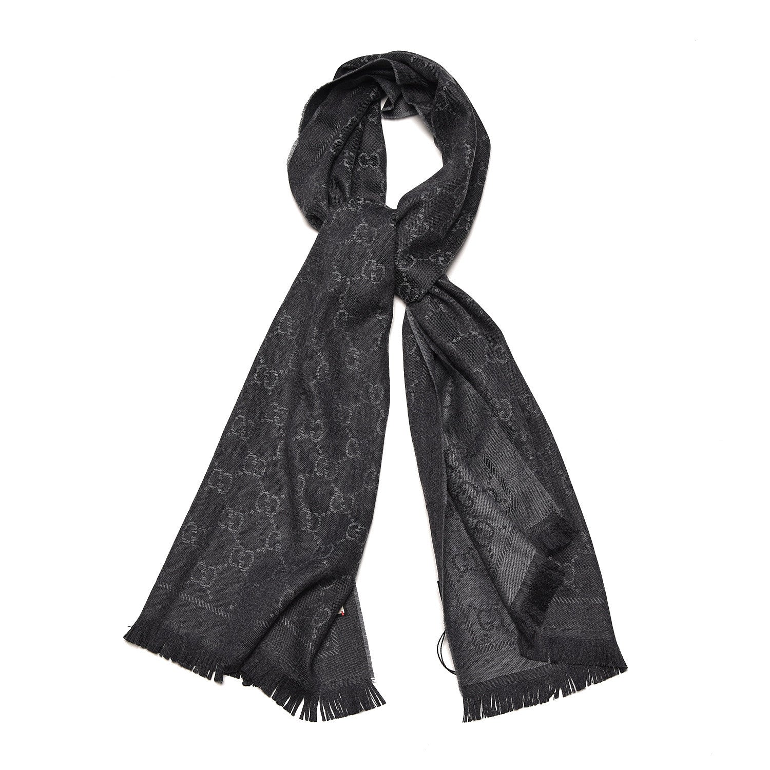 Gucci Wool Jacquard GG Monogram Sten Fringe Scarf Anthracite Black 1 of 5